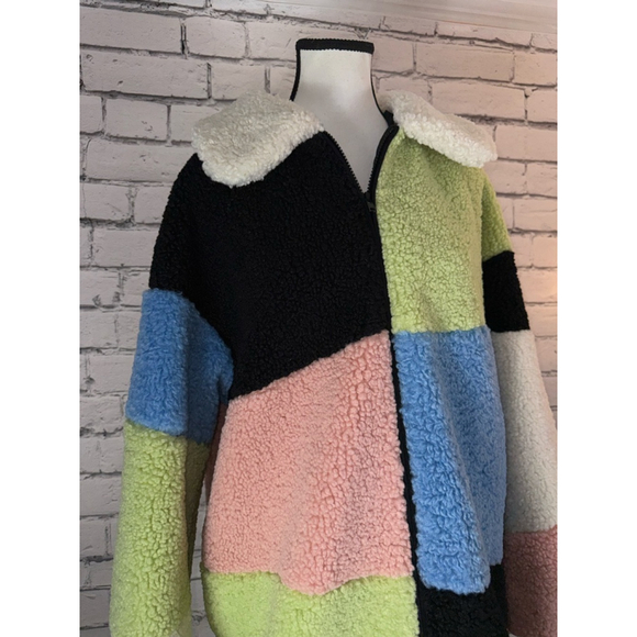Gorman Colorblock Mod Teddy Bear Sherpa Coat size 12 Large Green Pink Black - Picture 3 of 10